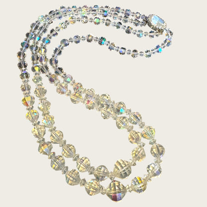 Vintage Double Strand Aurora Borealis Bicone Crystal Necklace – Oval Crystal Clasp