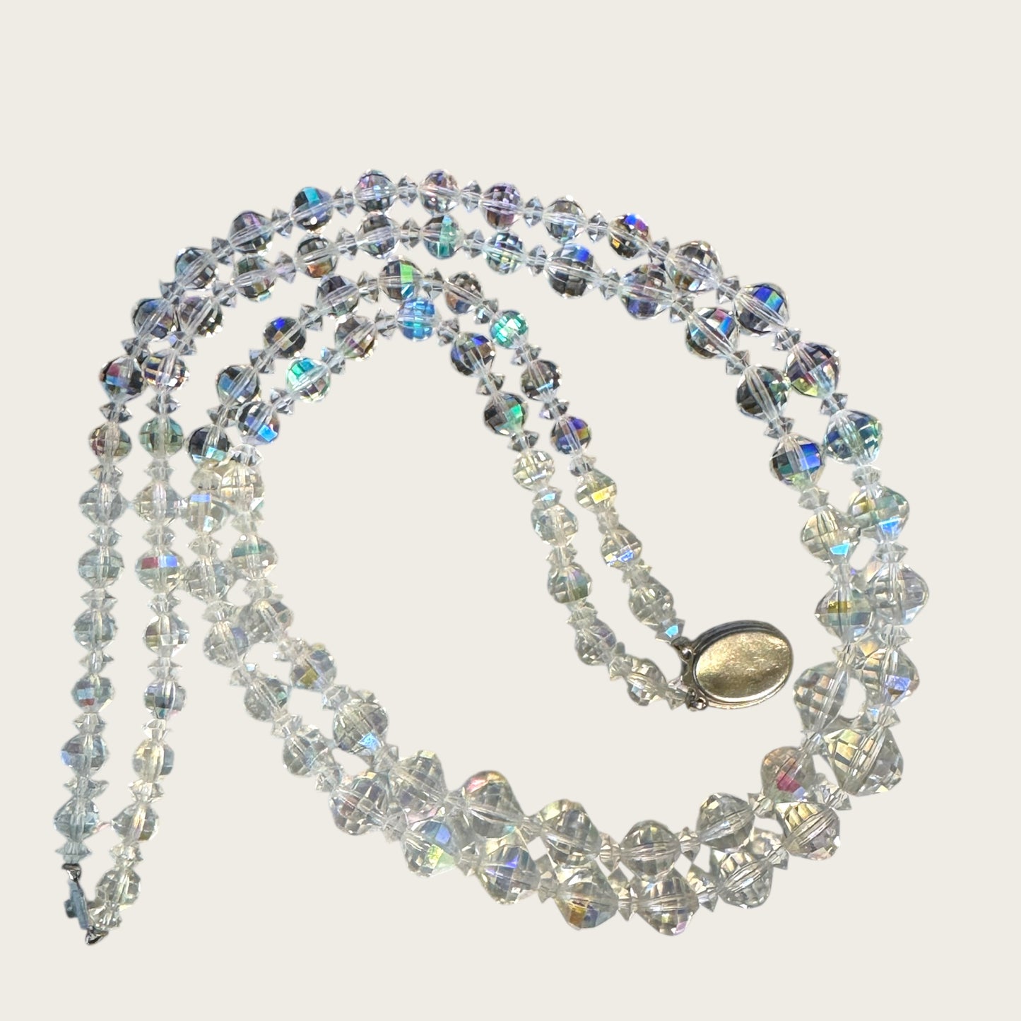 Vintage Double Strand Aurora Borealis Bicone Crystal Necklace – Oval Crystal Clasp