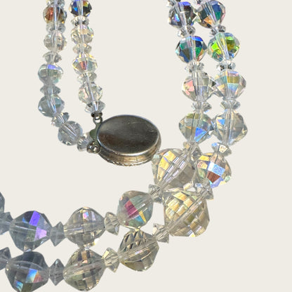 Vintage Double Strand Aurora Borealis Bicone Crystal Necklace – Oval Crystal Clasp