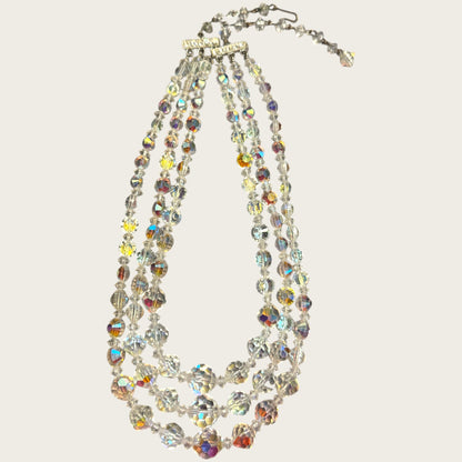 Vintage Aurora Borealis Triple-Strand Crystal Necklace – Faceted Rounds + Bicone Beads, Rhinestone Bar Clasp (1950s–1960s)