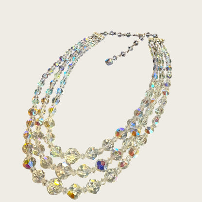 Vintage Aurora Borealis Triple-Strand Crystal Necklace – Faceted Rounds + Bicone Beads, Rhinestone Bar Clasp (1950s–1960s)