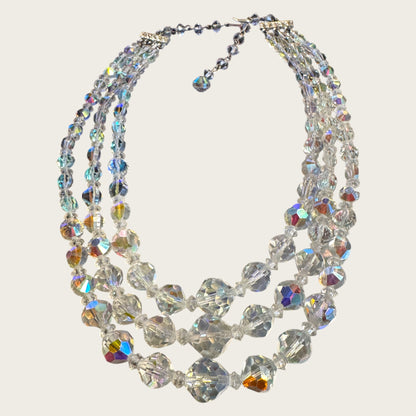 Vintage Aurora Borealis Triple-Strand Crystal Necklace – Faceted Rounds + Bicone Beads, Rhinestone Bar Clasp (1950s–1960s)