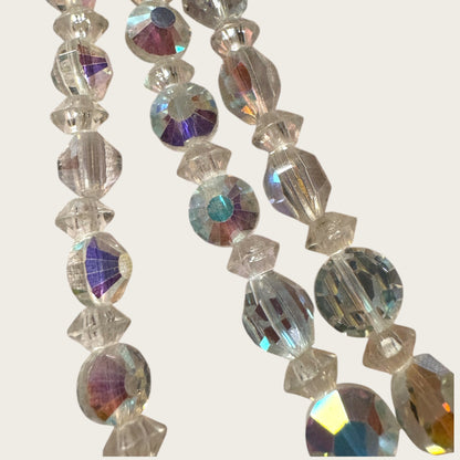 Vintage Aurora Borealis Triple-Strand Crystal Necklace – Faceted Rounds + Bicone Beads, Rhinestone Bar Clasp (1950s–1960s)