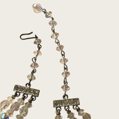Vintage Aurora Borealis Triple-Strand Crystal Necklace – Faceted Rounds + Bicone Beads, Rhinestone Bar Clasp (1950s–1960s)