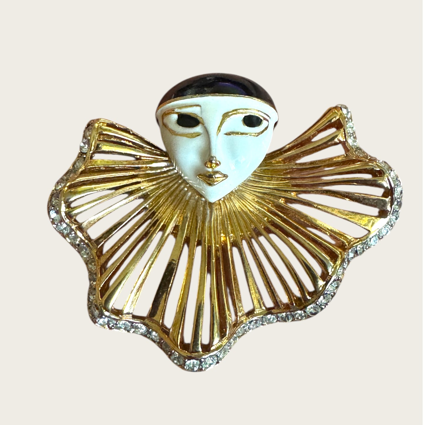 Vintage Pierrot Face Statement Brooch – White Enamel & Gold Openwork Bib