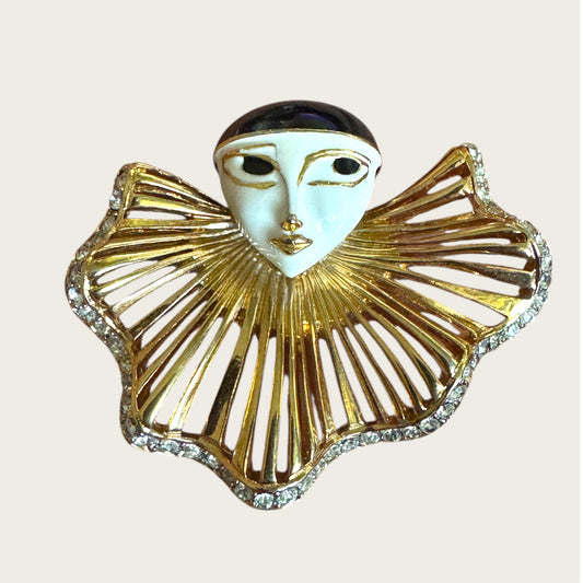 Vintage Pierrot Face Statement Brooch – White Enamel & Gold Openwork Bib