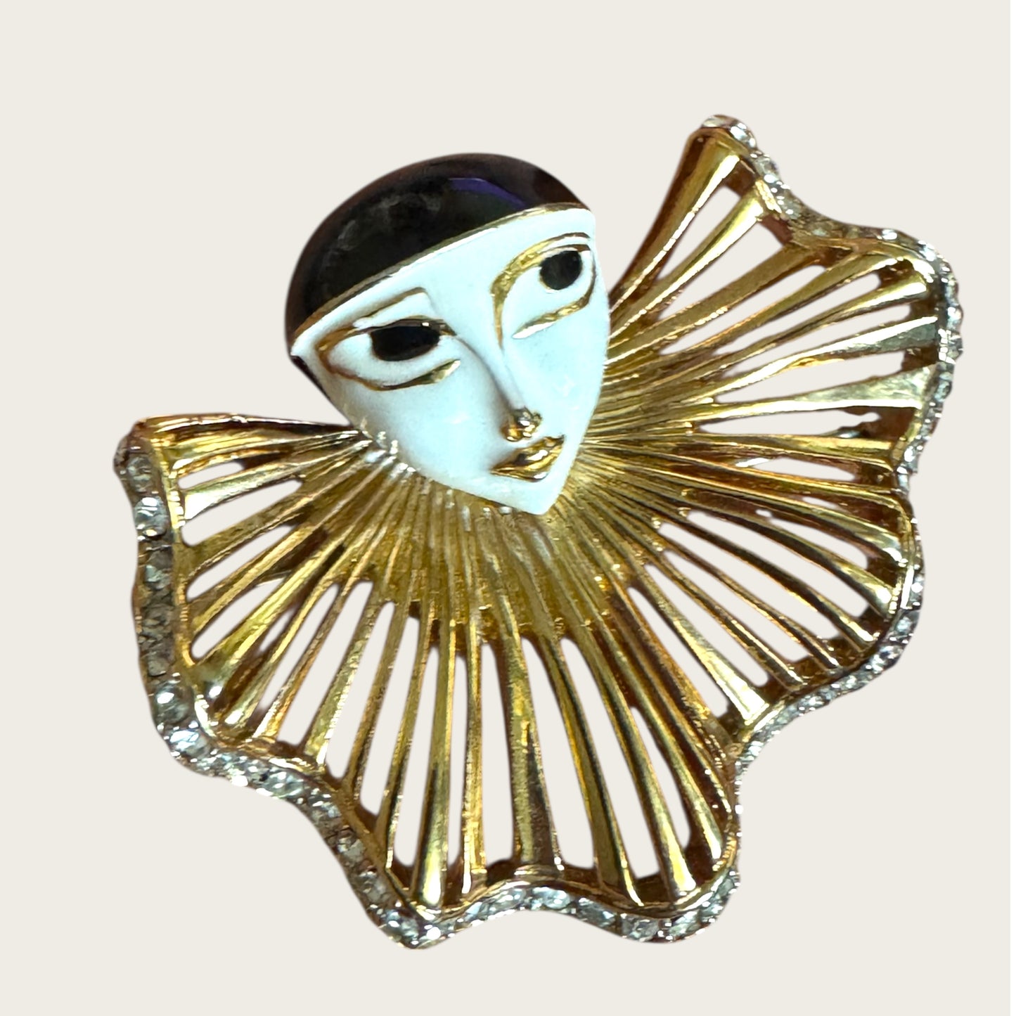 Vintage Pierrot Face Statement Brooch – White Enamel & Gold Openwork Bib