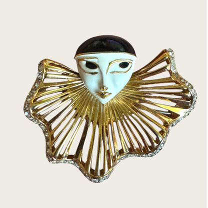 Vintage Pierrot Face Statement Brooch – White Enamel & Gold Openwork Bib