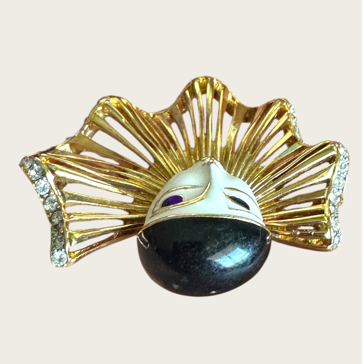 Vintage Pierrot Face Statement Brooch – White Enamel & Gold Openwork Bib