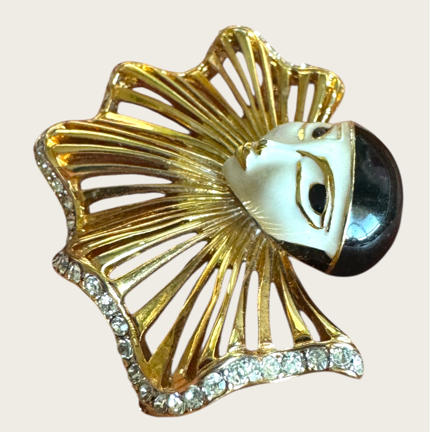 Vintage Pierrot Face Statement Brooch – White Enamel & Gold Openwork Bib