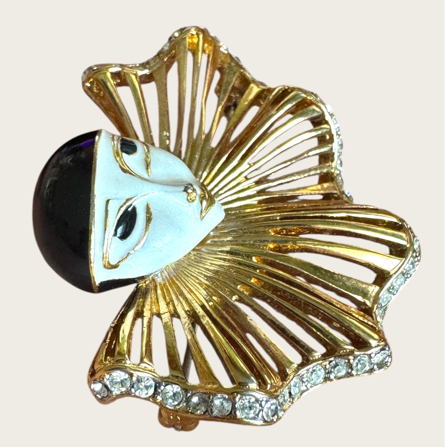 Vintage Pierrot Face Statement Brooch – White Enamel & Gold Openwork Bib