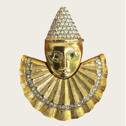 Vintage Harlequin Pierrot Clown Brooch – Gold Tone with Pavé Rhinestones & Green Crystal Eyes