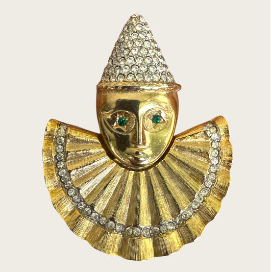 Vintage Harlequin Pierrot Clown Brooch – Gold Tone with Pavé Rhinestones & Green Crystal Eyes