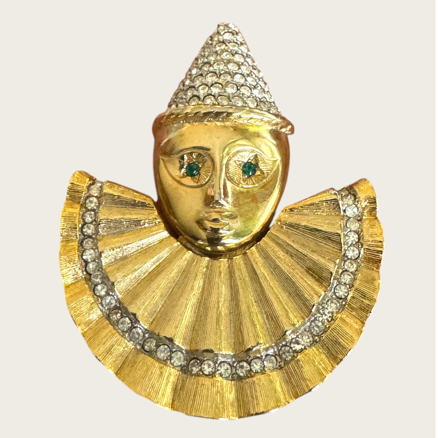 Vintage Harlequin Pierrot Clown Brooch – Gold Tone with Pavé Rhinestones & Green Crystal Eyes