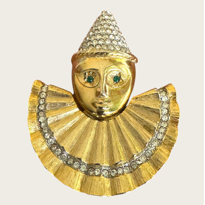 Vintage Harlequin Pierrot Clown Brooch – Gold Tone with Pavé Rhinestones & Green Crystal Eyes
