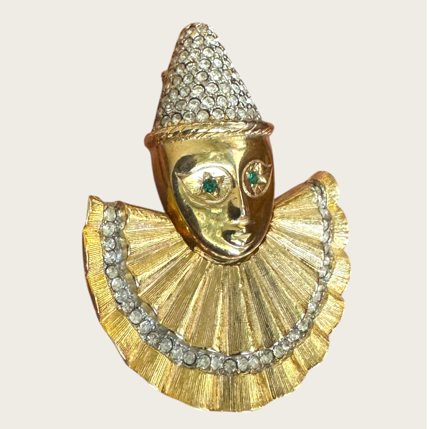 Vintage Harlequin Pierrot Clown Brooch – Gold Tone with Pavé Rhinestones & Green Crystal Eyes