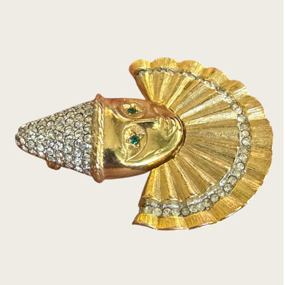 Vintage Harlequin Pierrot Clown Brooch – Gold Tone with Pavé Rhinestones & Green Crystal Eyes