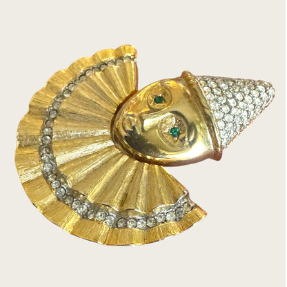 Vintage Harlequin Pierrot Clown Brooch – Gold Tone with Pavé Rhinestones & Green Crystal Eyes