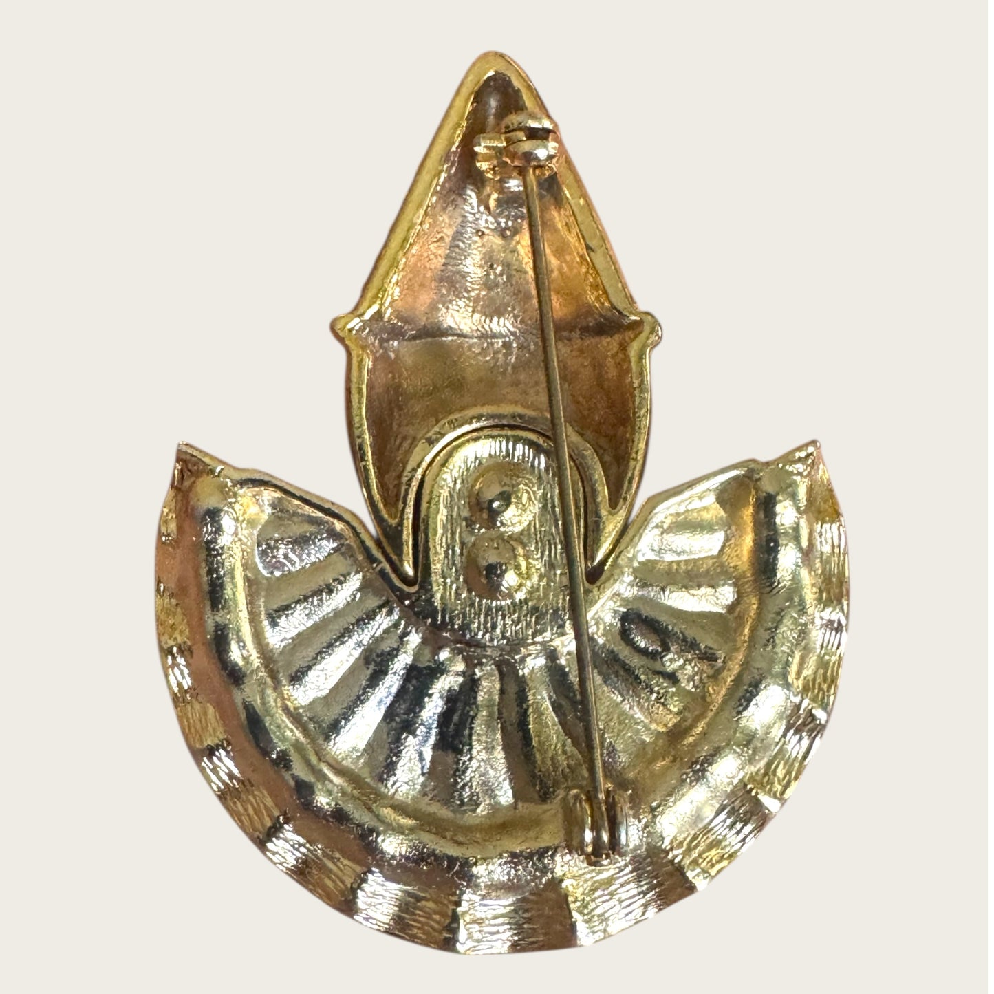 Vintage Harlequin Pierrot Clown Brooch – Gold Tone with Pavé Rhinestones & Green Crystal Eyes
