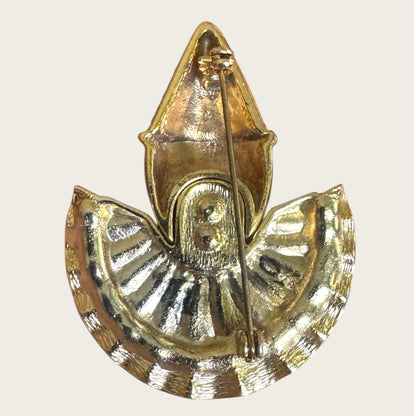 Vintage Harlequin Pierrot Clown Brooch – Gold Tone with Pavé Rhinestones & Green Crystal Eyes