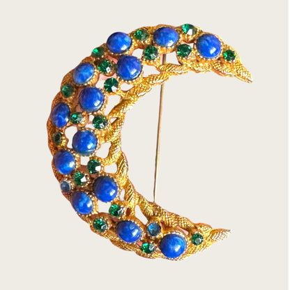 HAR Signed Mid-Century Gilt Crescent Brooch with Cobalt & Emerald Glass Cabochons