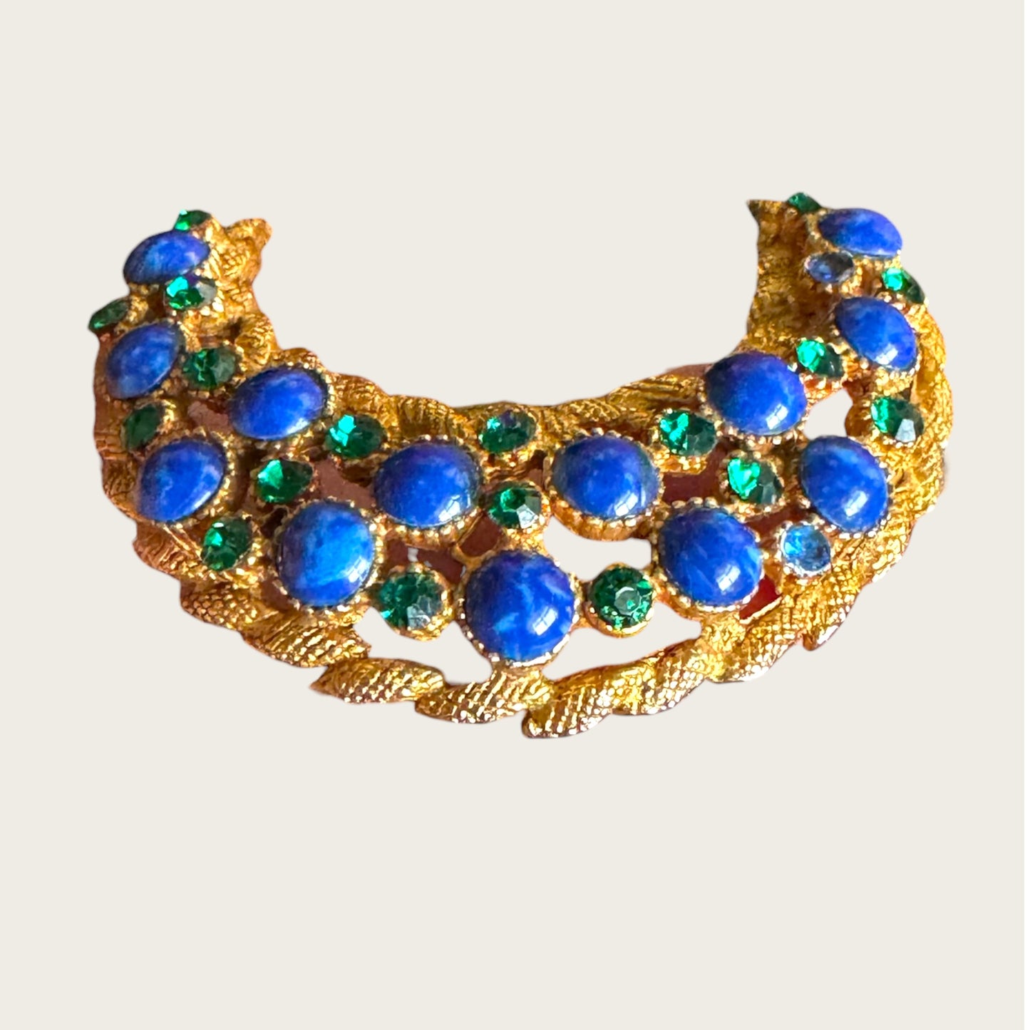 HAR Signed Mid-Century Gilt Crescent Brooch with Cobalt & Emerald Glass Cabochons