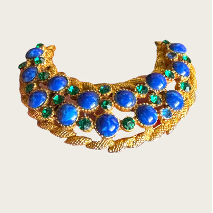 HAR Signed Mid-Century Gilt Crescent Brooch with Cobalt & Emerald Glass Cabochons