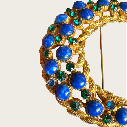 HAR Signed Mid-Century Gilt Crescent Brooch with Cobalt & Emerald Glass Cabochons