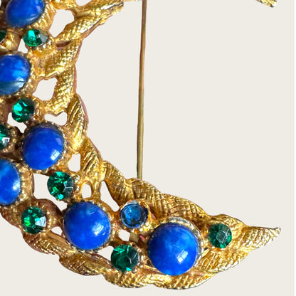 HAR Signed Mid-Century Gilt Crescent Brooch with Cobalt & Emerald Glass Cabochons