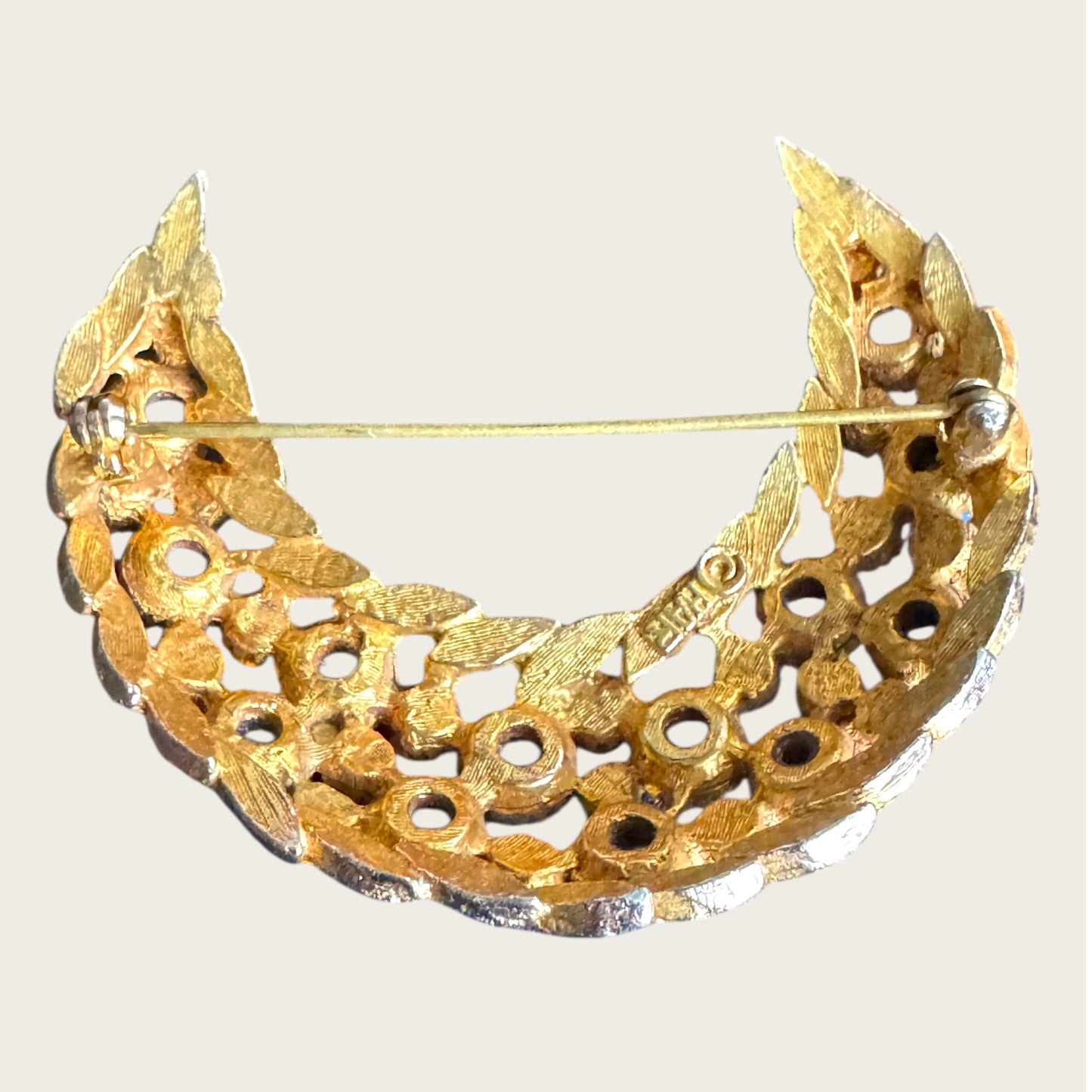 HAR Signed Mid-Century Gilt Crescent Brooch with Cobalt & Emerald Glass Cabochons