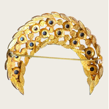 HAR Signed Mid-Century Gilt Crescent Brooch with Cobalt & Emerald Glass Cabochons