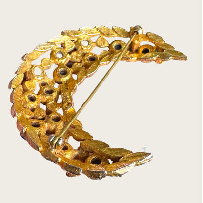 HAR Signed Mid-Century Gilt Crescent Brooch with Cobalt & Emerald Glass Cabochons