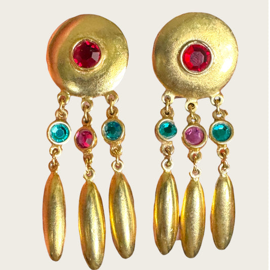 Vintage European-Style Gilt Chandelier Earrings with Multicolor Rhinestones