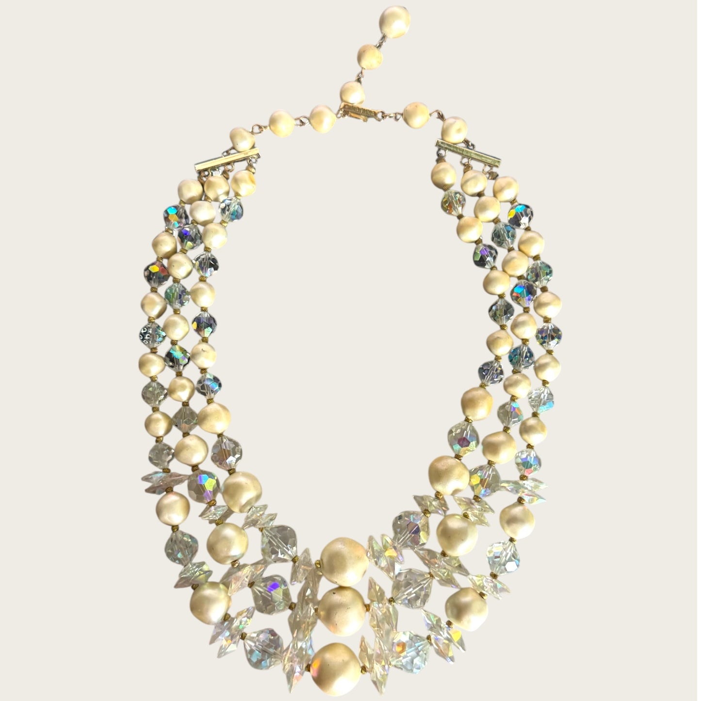 Vintage Signed Laguna Three-Strand Crystal & Faux Baroque Pearl Necklace