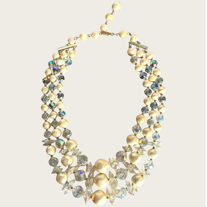 Vintage Signed Laguna Three-Strand Crystal & Faux Baroque Pearl Necklace