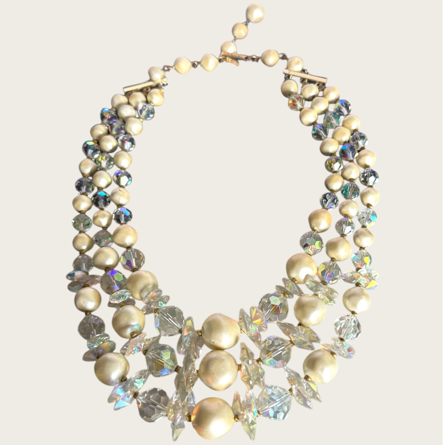Vintage Signed Laguna Three-Strand Crystal & Faux Baroque Pearl Necklace