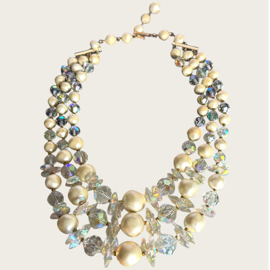 Vintage Signed Laguna Three-Strand Crystal & Faux Baroque Pearl Necklace