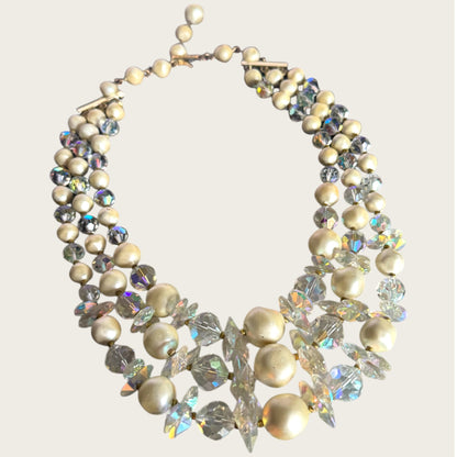Vintage Signed Laguna Three-Strand Crystal & Faux Baroque Pearl Necklace