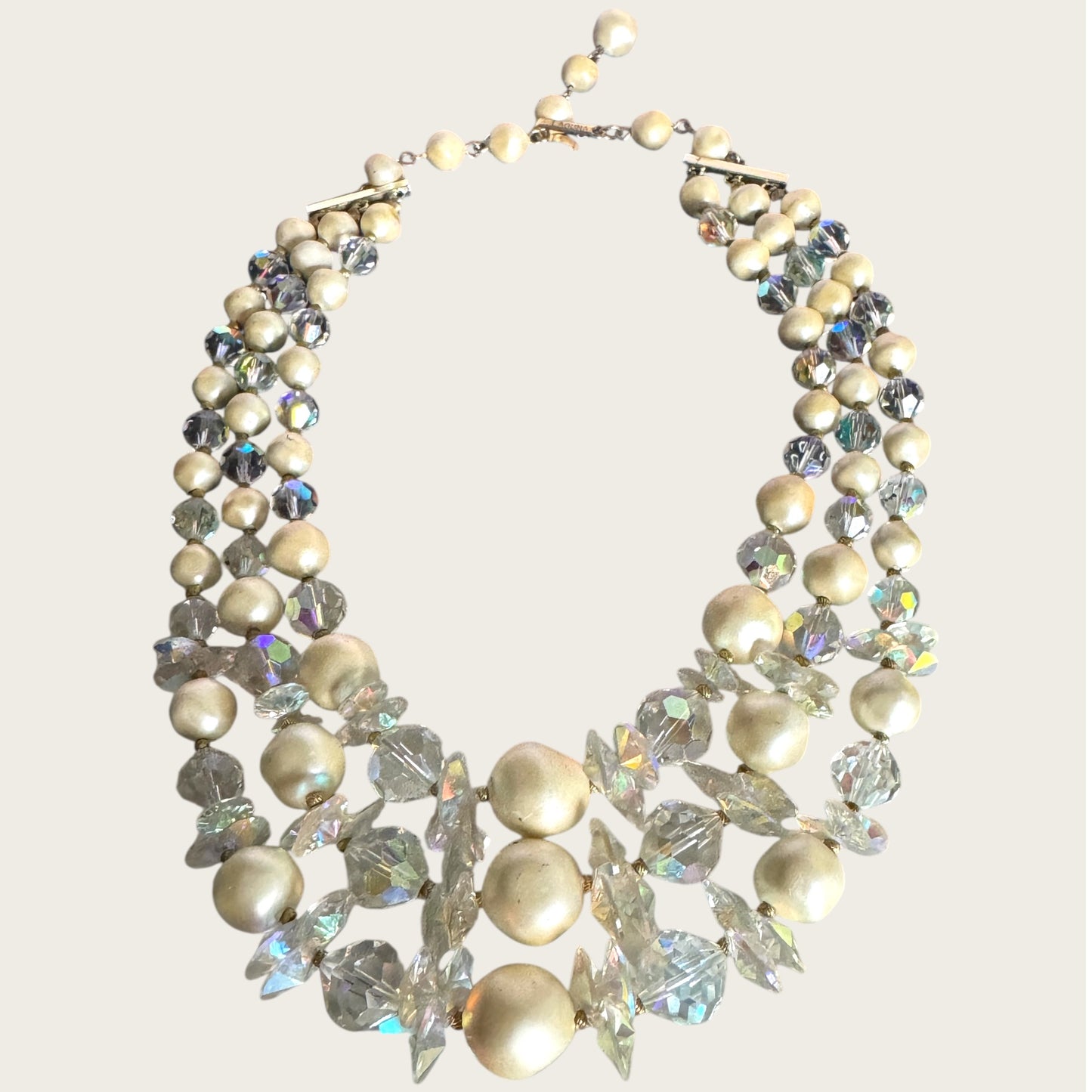 Vintage Signed Laguna Three-Strand Crystal & Faux Baroque Pearl Necklace