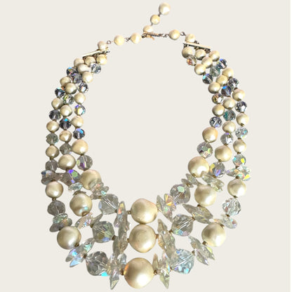 Vintage Signed Laguna Three-Strand Crystal & Faux Baroque Pearl Necklace