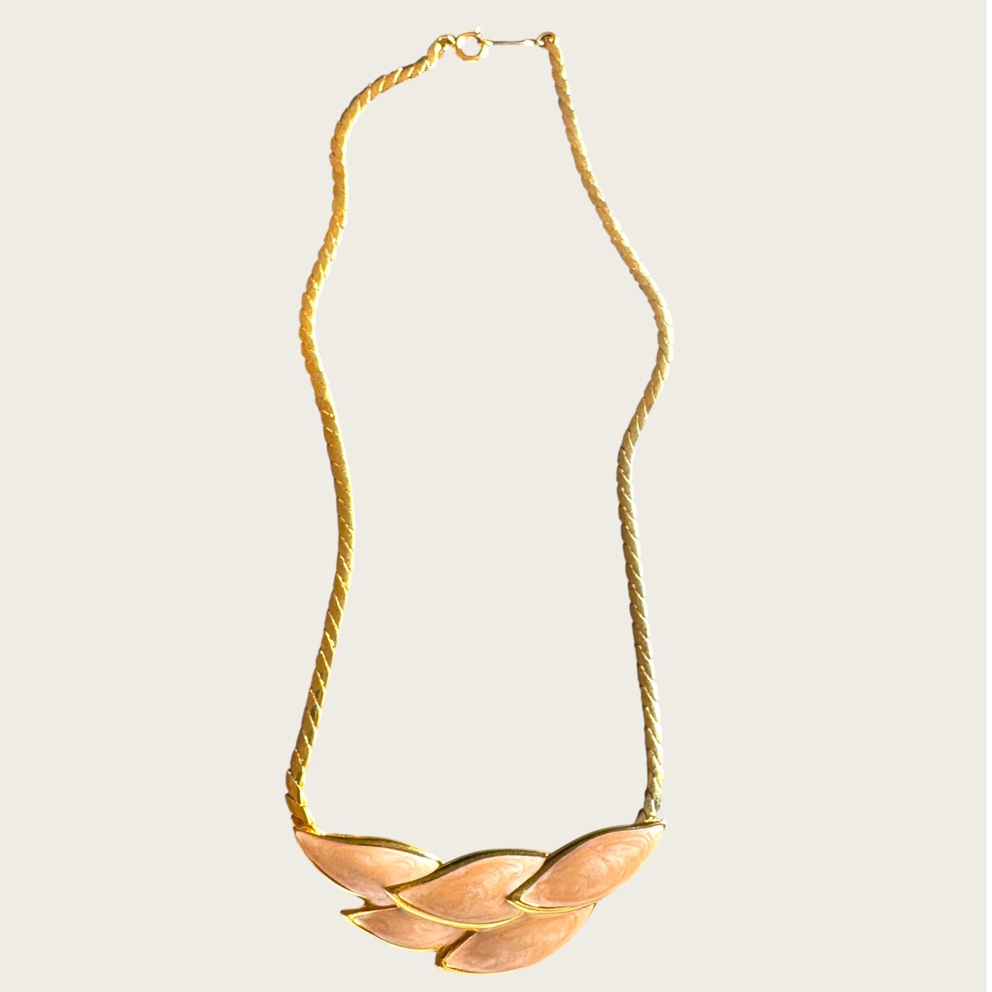 Napier Champagne Peach Enamel Leaf Necklace | Mid-Century Gold Tone Statement