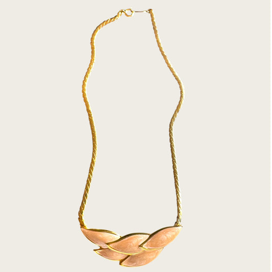 Napier Champagne Peach Enamel Leaf Necklace | Mid-Century Gold Tone Statement
