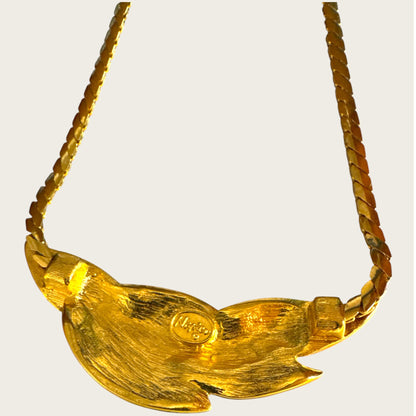 Napier Champagne Peach Enamel Leaf Necklace | Mid-Century Gold Tone Statement