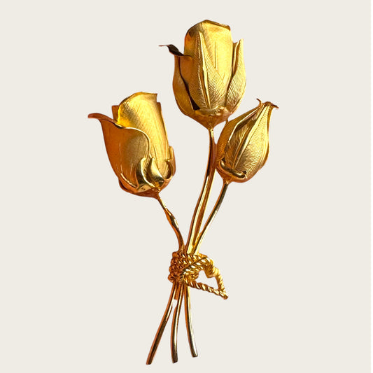 Sculptural Lisner Tulip Bouquet Brooch | Mid-Century Gold Tone