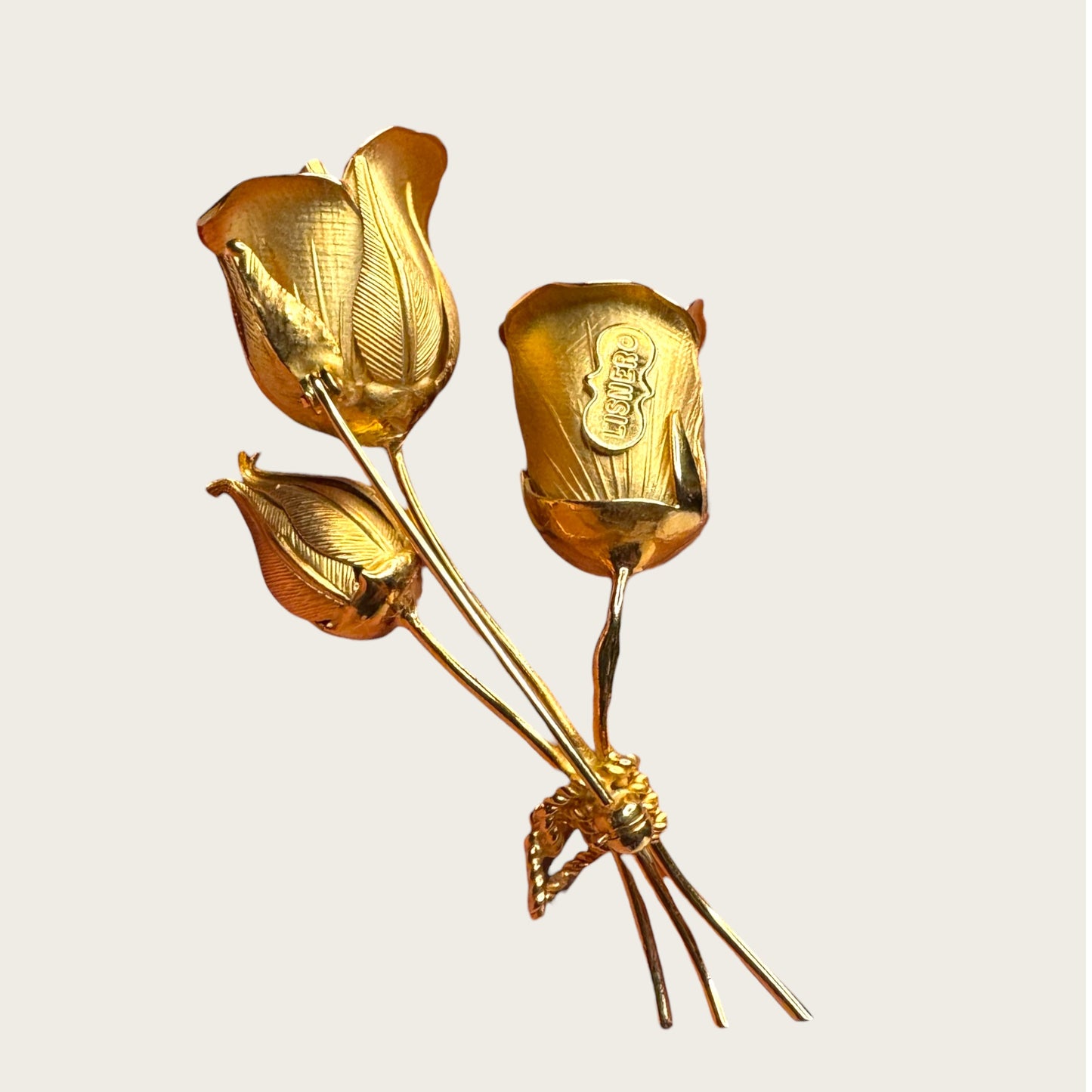 Sculptural Lisner Tulip Bouquet Brooch | Mid-Century Gold Tone
