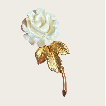 Vintage Creed Carved Rose Brooch with Gold-Filled Leaves