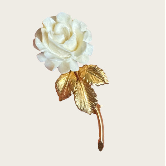 Vintage Creed Carved Rose Brooch with Gold-Filled Leaves