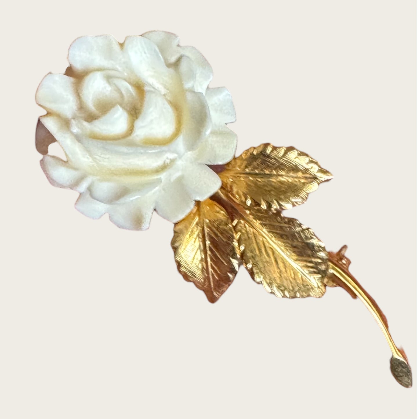 Vintage Creed Carved Rose Brooch with Gold-Filled Leaves