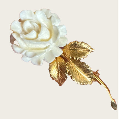 Vintage Creed Carved Rose Brooch with Gold-Filled Leaves