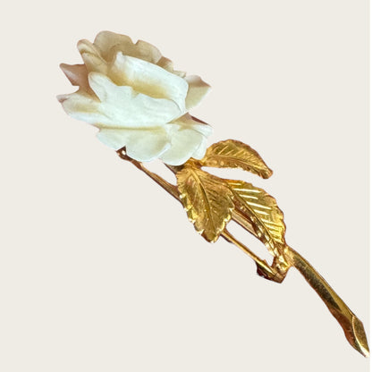 Vintage Creed Carved Rose Brooch with Gold-Filled Leaves
